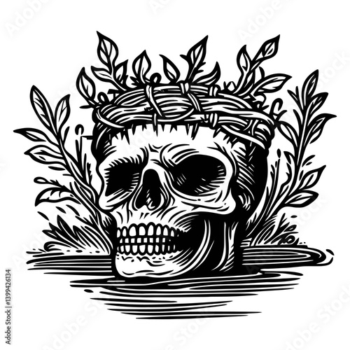 Skull with Crown of Thorns Surrounded by Natural Elements