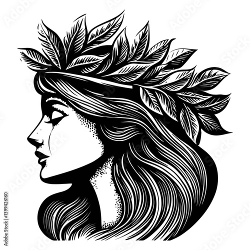 Elegant Profile of a Woman with Leaf Crown in Monochrome Style