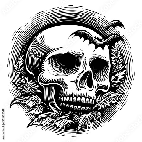 Detailed Skull Illustration Surrounded by Leaves and a Bat