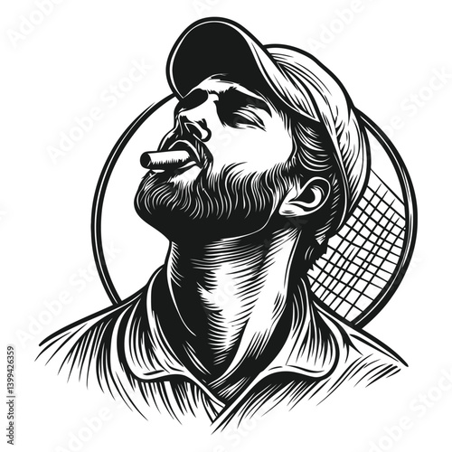 Hand-drawn illustration of a tennis player with cigar and racket