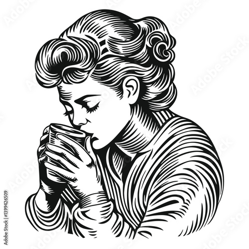 Thoughtful woman enjoying beverage in artistic black and white style