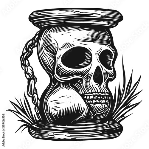 Skull and Hourglass in Vintage Style, Symbol of Time and Mortality
