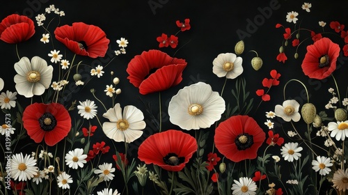 Wallpaper Mural Design, wallpaper, and home decor image of a red and white floral arrangement with poppies and daisies on a dark background Torontodigital.ca