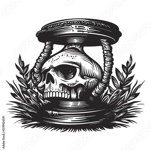 Vintage Skull and Hourglass Illustration with Decorative Leaves