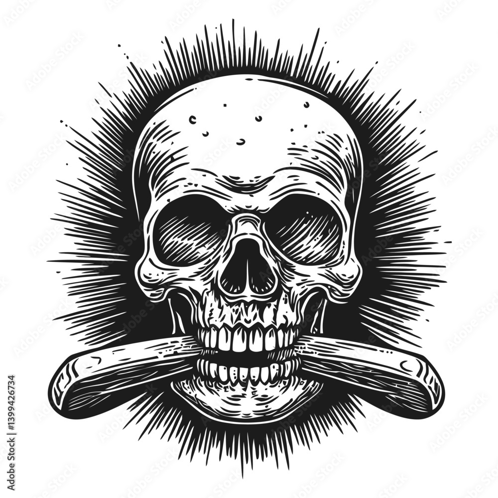 Naklejka premium Vintage Skull with Bat Illustration and Sunburst Background Design