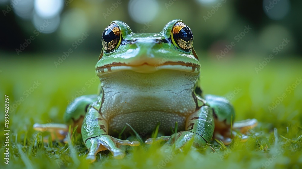 Obraz premium Close-up frog, sitting, green grass, blurred forest background. Nature education