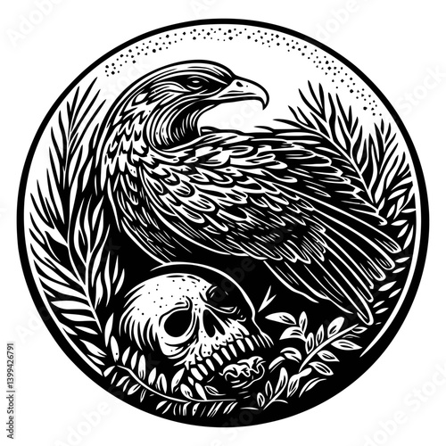 Raven Surrounded by Leaves and Skull in Circular Design Illustration