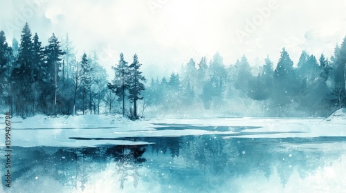 Detailed watercolor painting depicting a snowy winter landscape. A misty forest and frozen lake are seen in the background.