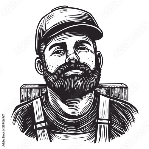 Vintage Black and White Portrait of a Bearded Man with Cap