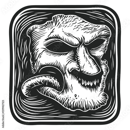 Intricate Woodcut Style Mask with Distorted Face and Tongue