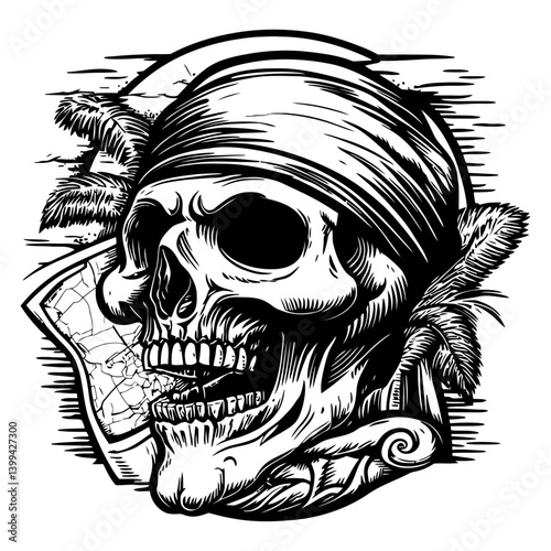 Skull with Pirate Bandana and Tropical Elements in Black and White