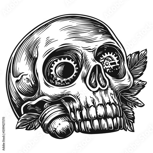 Detailed Skull Illustration with Gears and Leaves in Vintage Style