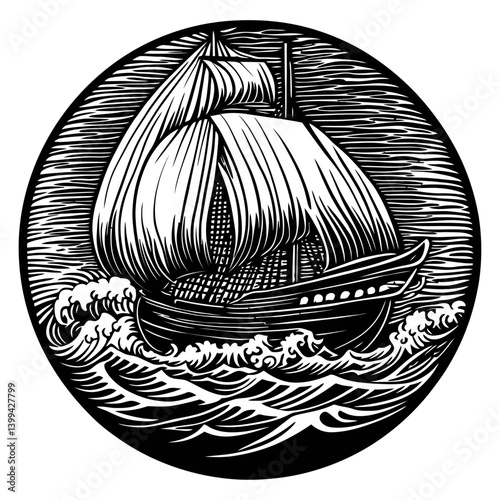 Vintage Sailing Ship Illustration on Circular Woodcut Style Design
