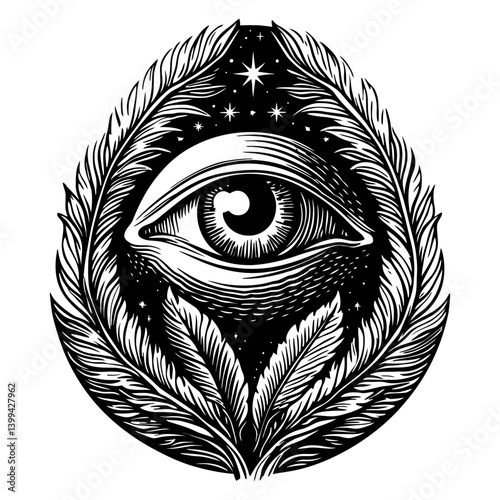 Eye Symbol Surrounded by Leaves and Stars in Bold Black and White
