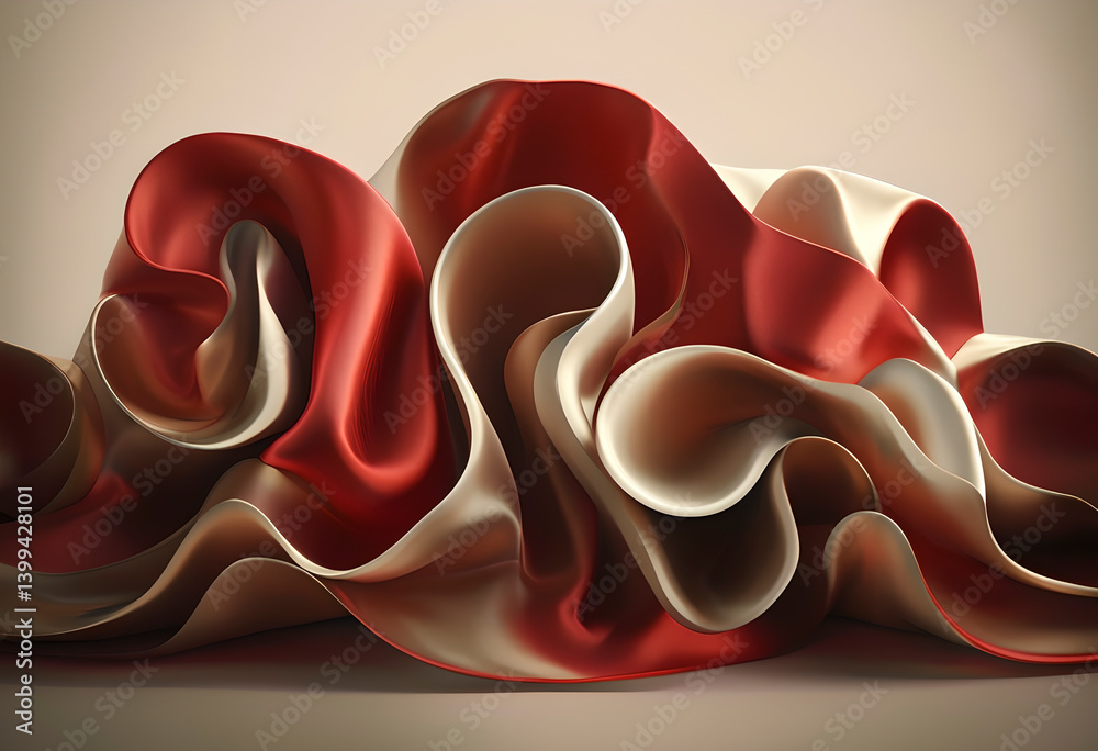 Abstract composition of flowing red and cream shapes. Smooth, glossy surfaces create a dynamic and interconnected visual.
