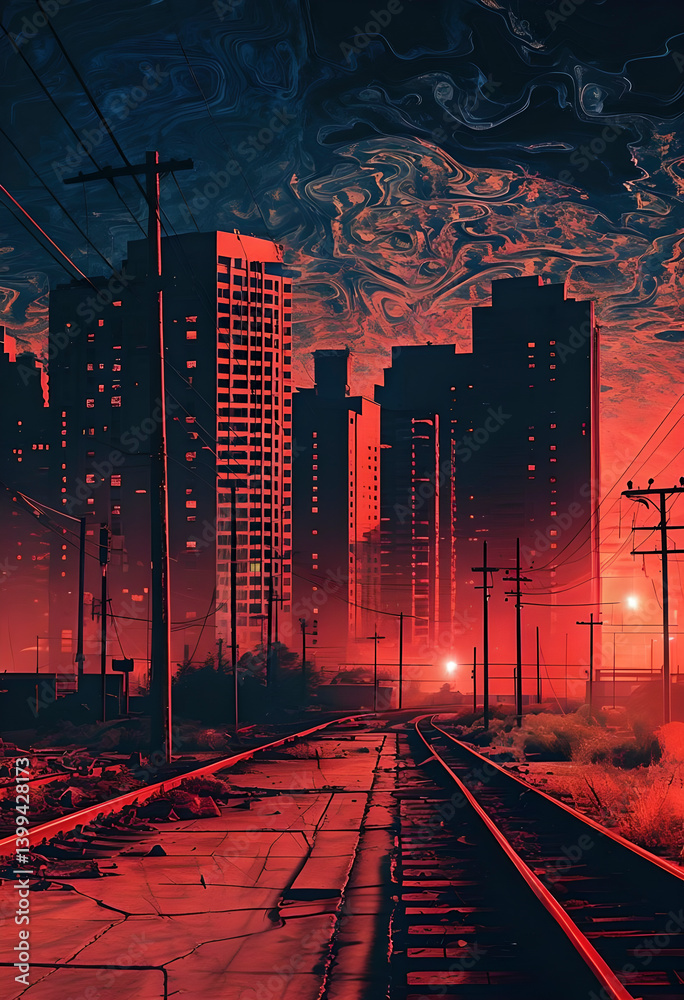 Dystopian urban landscape in intense red tones, contrasted by a turbulent dark blue sky. A haunting scene evoking themes of urban decay and an uncertain future