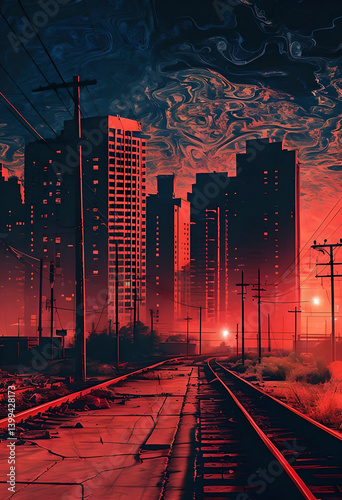 Obraz na płótnie Dystopian urban landscape in intense red tones, contrasted by a turbulent dark blue sky. A haunting scene evoking themes of urban decay and an uncertain future w salonie