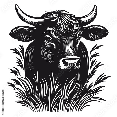 Artistic Black and White Illustration of Grazing Cow in Grass