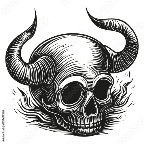 Detailed Hand-Drawn Skull with Horns and Smoke Effect Design