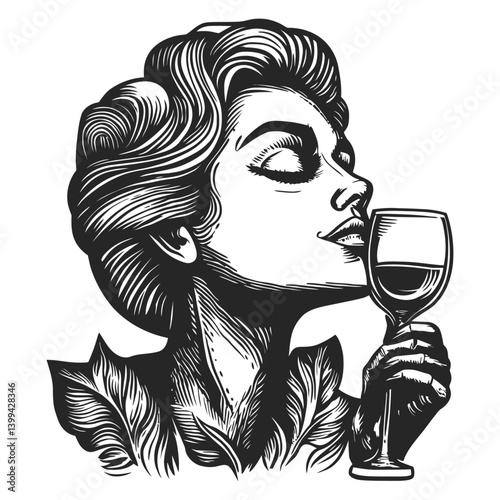 Elegant Woman Enjoying a Glass of Wine in Vintage Style Illustration