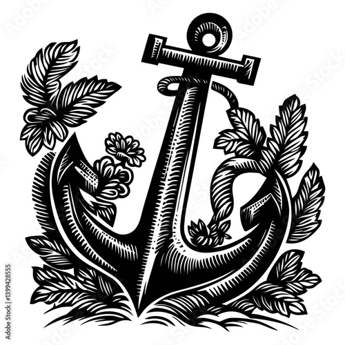 Vintage Anchor Illustration Surrounded by Floral Elements and Leaves