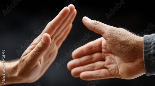 Rejection and Refusal: A close-up shot of two hands, one extending in a gesture of greeting, met with a firm palm, symbolizing denial or disapproval.