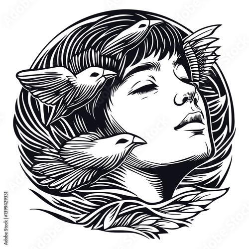 Serene Woman with Birds in Flowing Hair and Nature Elements