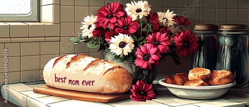 Fresh Bakery Bread with Flowers and Cakes for Mother's Day Celebration