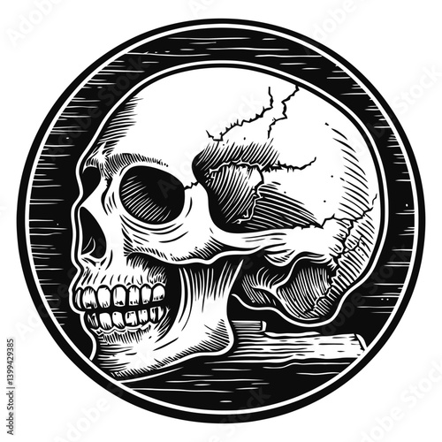 Detailed Illustration of a Skull in Black and White Circular Design
