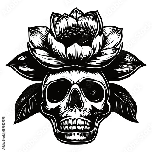 Skull with Lotus Flower and Leaves in Artistic Black and White Style