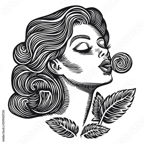 Elegant Woman with Stylish Hair and Leaf in Vintage Style Illustration