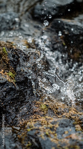 Water Droplets Splashing on Rocky Surface in Nature Landscape Scene