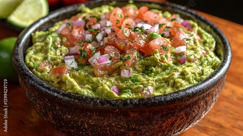 Creamy Guacamole with Fresh Tomatoes and Onions in Rustic Bowl