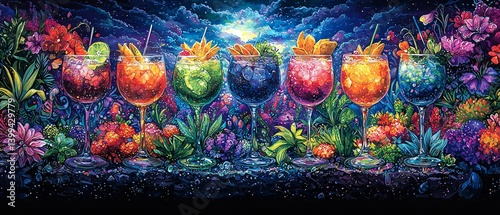 Colorful Cocktails with Fresh Fruits Surrounded by Vibrant Flowers