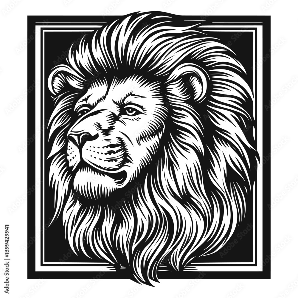 Obraz premium Detailed Black and White Illustration of a Majestic Lion Head