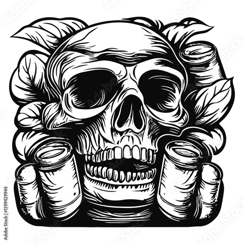 Intricate Skull Design with Leaves and Decorative Elements