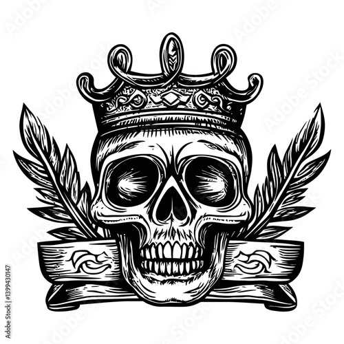 Vintage Skull with Crown and Decorative Elements in Black and White