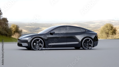Sleek black electric car on a scenic road
