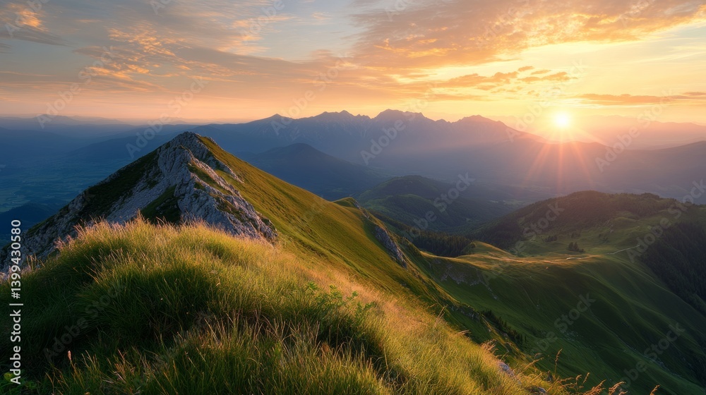 Obraz premium A breathtaking sunrise over a mountain range, warm golden hues painting the sky and illuminating the rugged peaks,