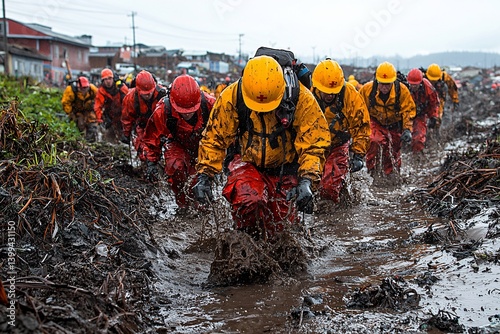 Rescue Workers in Rain Gear Navigate Muddy Terrain During Mission