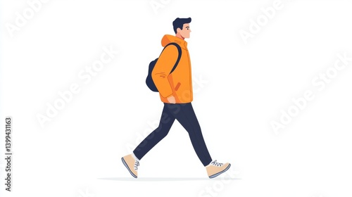 A young man walking outdoors, wearing an orange jacket and a backpack. The image is simple and minimalist, perfect for representing travel, adventure, or freedom.