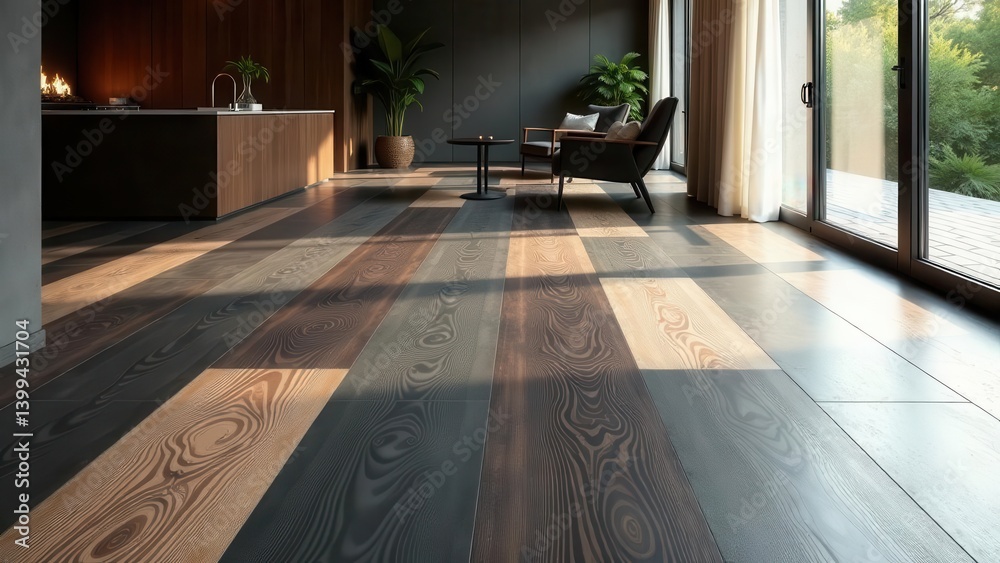 Fototapeta premium Modern Home Interior Design Showcases Stunning Wood Flooring with Varied Tones and Natural Light