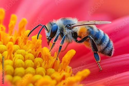 Detailed Close-Up of Honeybee Collecting Pollen from Flower