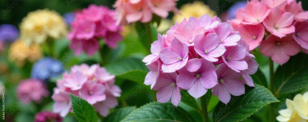 Close-up of blooming hydrangeas and garden flowers in a garden bed, closeup, flowers Close-up of blooming hydrangeas and garden flowers in a garden bed, closeup, flowers