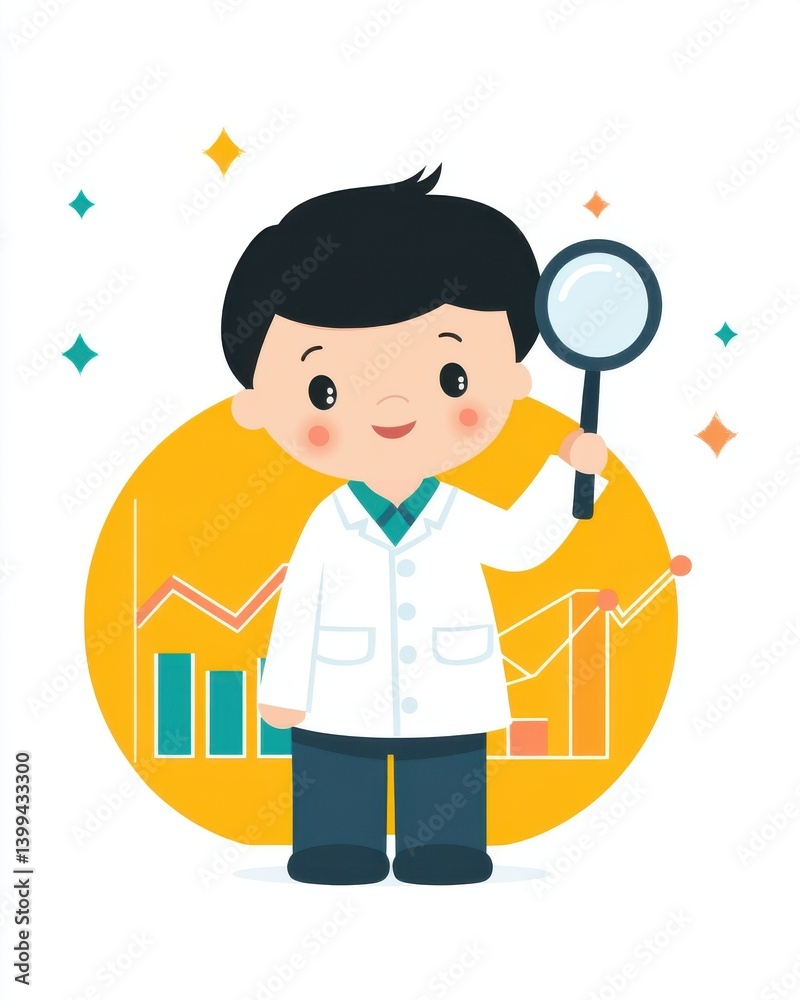Smiling Boy Scientist Cartoon Illustration with Magnifying Glass and Charts Smiling Boy Scientist Cartoon Illustration with Magnifying Glass and Charts