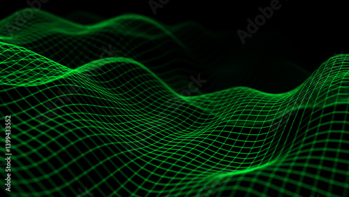 Abstract neon green grid wave on the dark background. Digital structure or network connection. Ocean style. Big data visualization. 3D rendering.
