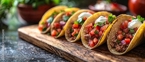Delicious Homemade Tacos with Fresh Ingredients on Wooden Board