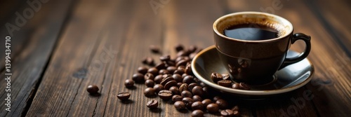 Dark wood table with vintage espresso coffee cup and beans scattered around it, coffee, vintage, wooden