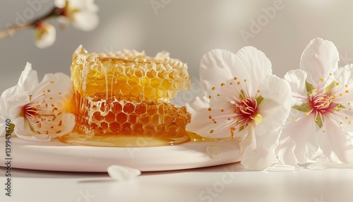 Natural Honeycomb with Almond Blossoms: Pure, Raw Honey, Springtime Delights, Elegant Food Photography, Healthy Sweet Treat