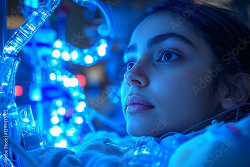 Close-Up Portrait of a Young Woman Surrounded by Blue LED Lights